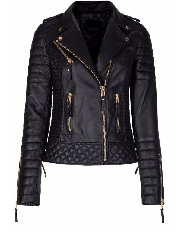 Ladies Biker Leather Jacket In Black With Multiple Pocket