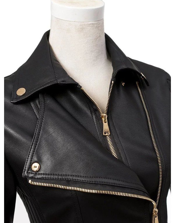 HugMe.fashion Ladies Casual Leather Jacket in Black With Shirt Collar LJK50