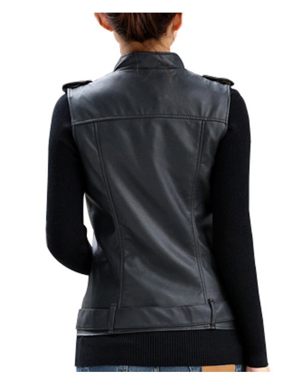 Genuine Sheep Leather Waistcoat for Women in Black LWC03