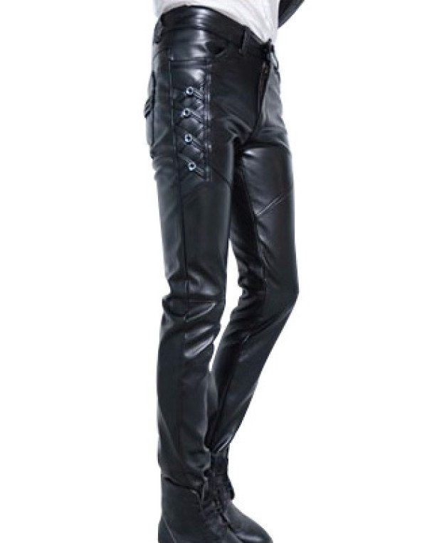 Zig Zag Pattern Pant in Black Color For Men Made From Sheep Leather PT13