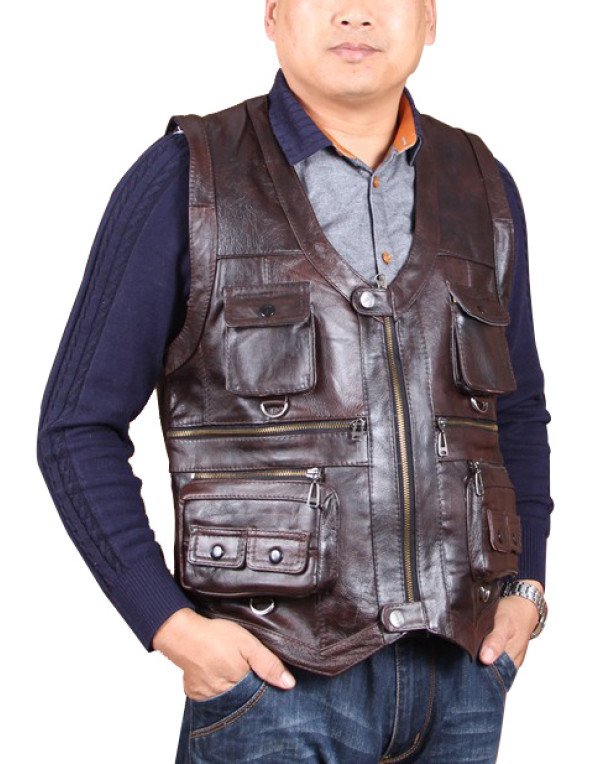 Genuine Sheep Leather Hollywood Style Waistcoat Biker Jacket in Brown Color WC16